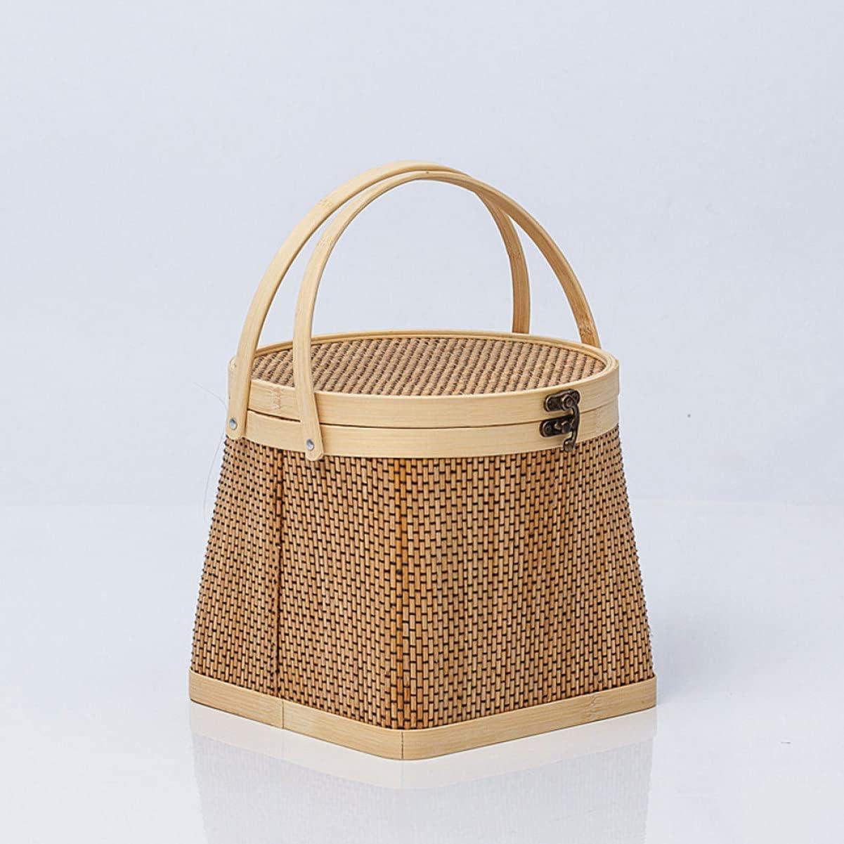 VICASKY Hand-Woven Bamboo Storage Basket Lid Portable Round Handheld Container for Home Organization for Laundry Toys and Household Items image 3