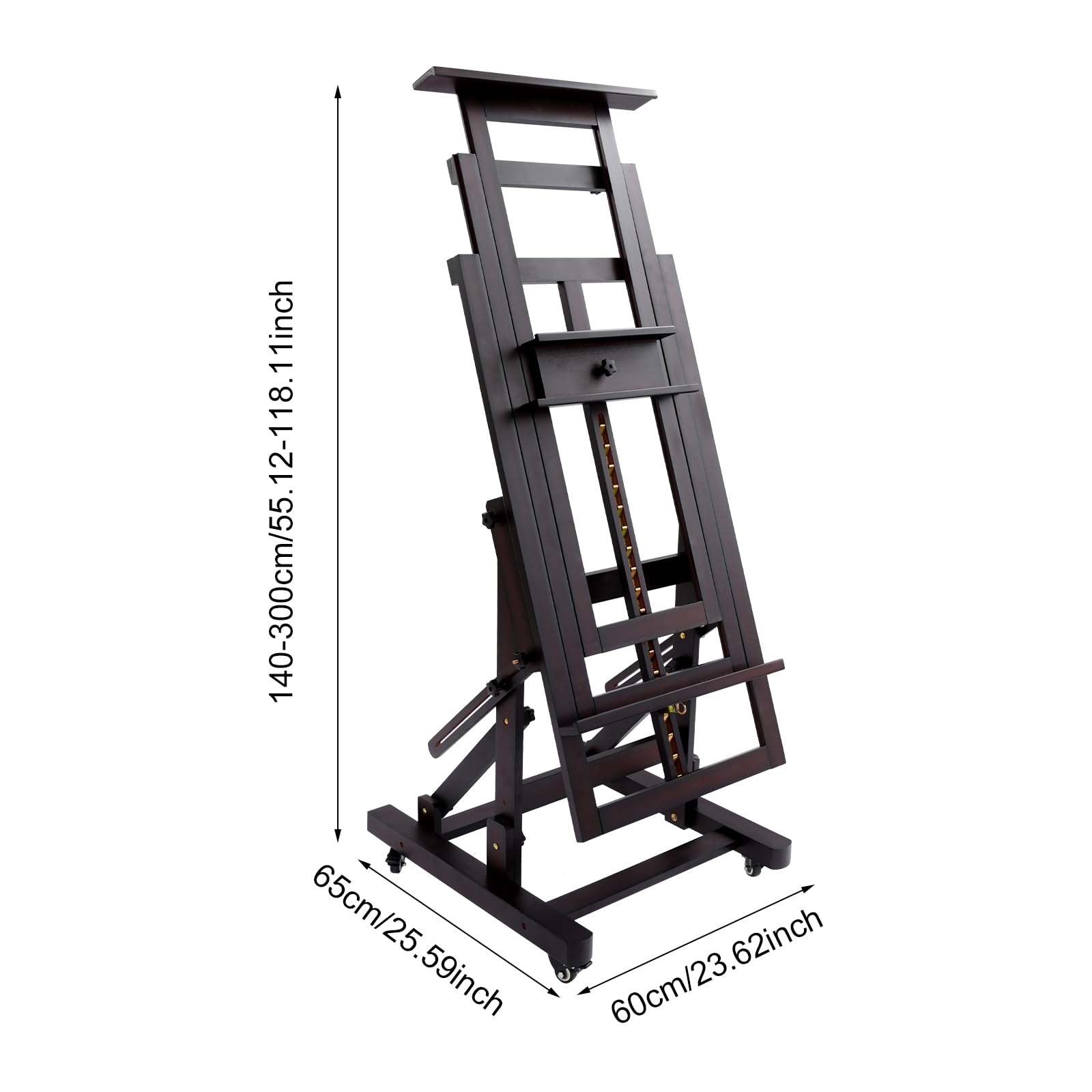 Caballete de madera ajustable en altura 140 – 300 cm, caballete de pintura móvil con ruedas y freno, doble soporte de lienzo, para taller, estudio y hogar (color nogal)