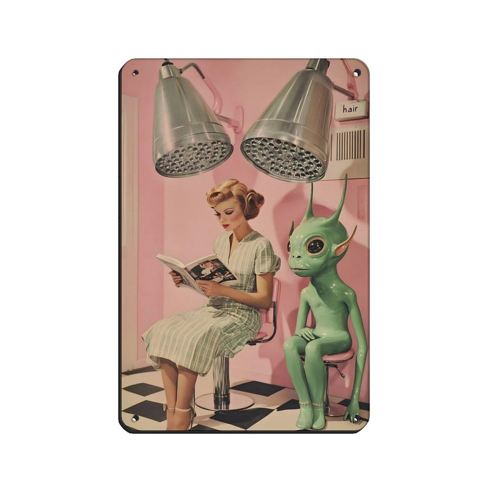 Vintage Salon Art,Alien Reading Magazine Retro Poster Metal Tin Sign Chic Art Retro Iron Painting Bar People Cave Cafe Family Garage Poster Wall Decoration 8x12inch(20x30cm)