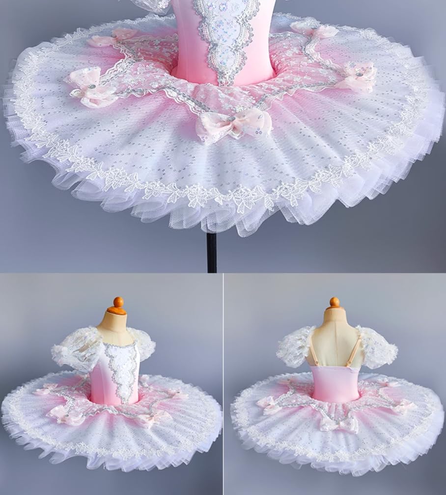 Mädchen Rosa Spitze Pfannkuchen-Tutu-Ballettkleid, Ballerina-Trikotrock im Prinzessinnenstil, Tanzkostüm für Kinder