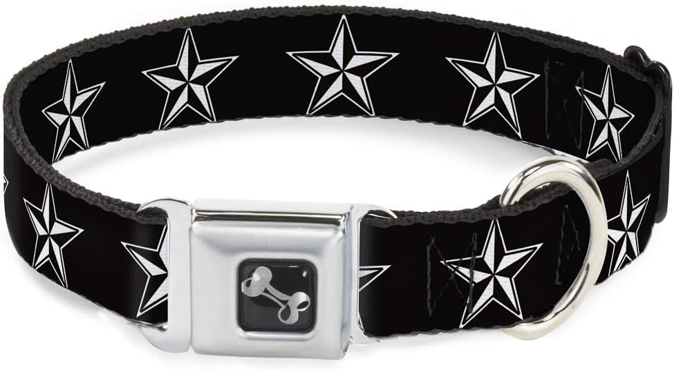 Dog Collar Seatbelt Buckle Nautical Star Black White 9 to 15 Inches 1.0 Inch Wide