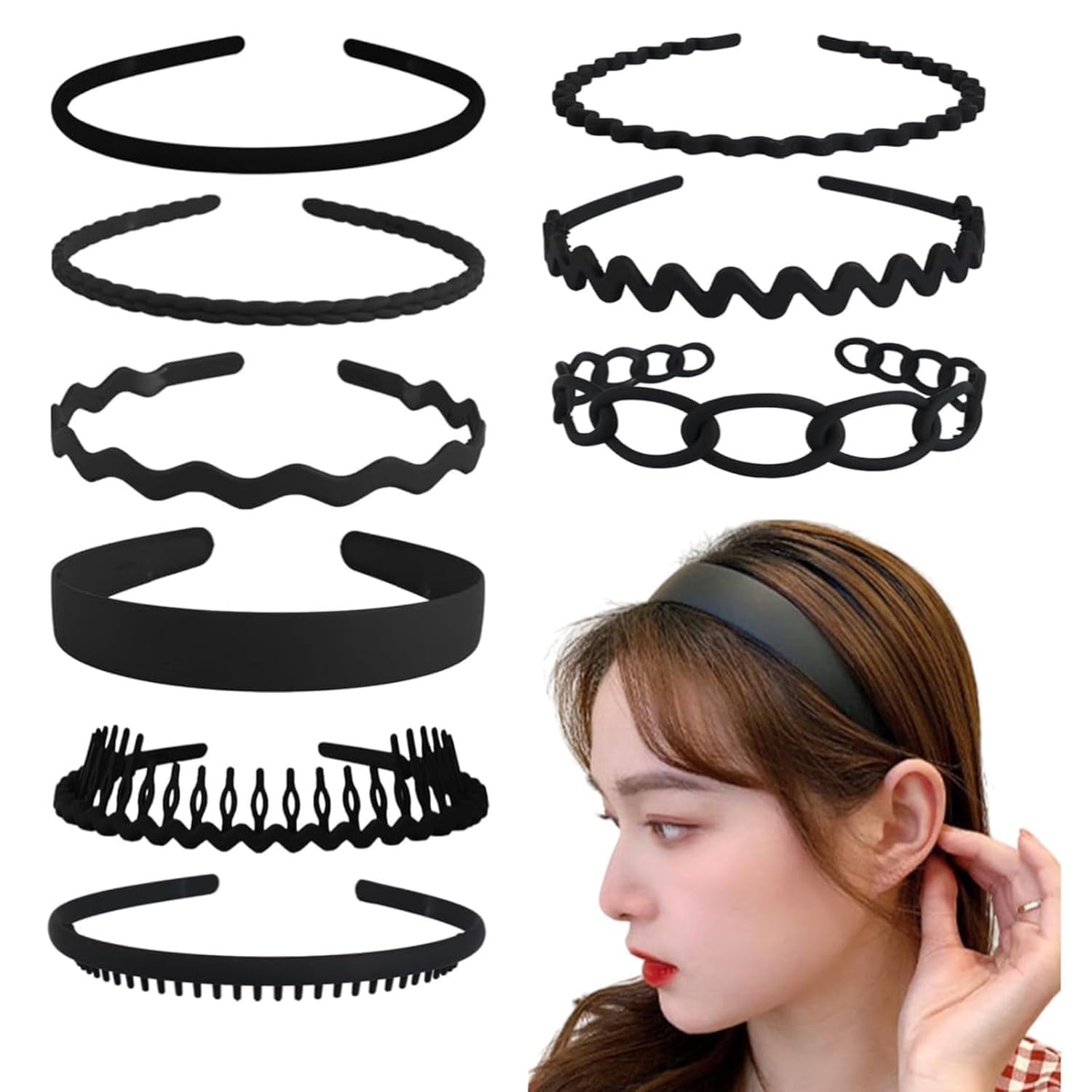 7 Pcs Headbands for Women, Black Plastic Hair Bands with Teeth Comb, Non Slip Wavy Curly Hair Accessories, Gifts for Women Girls (BLACK)-image-35