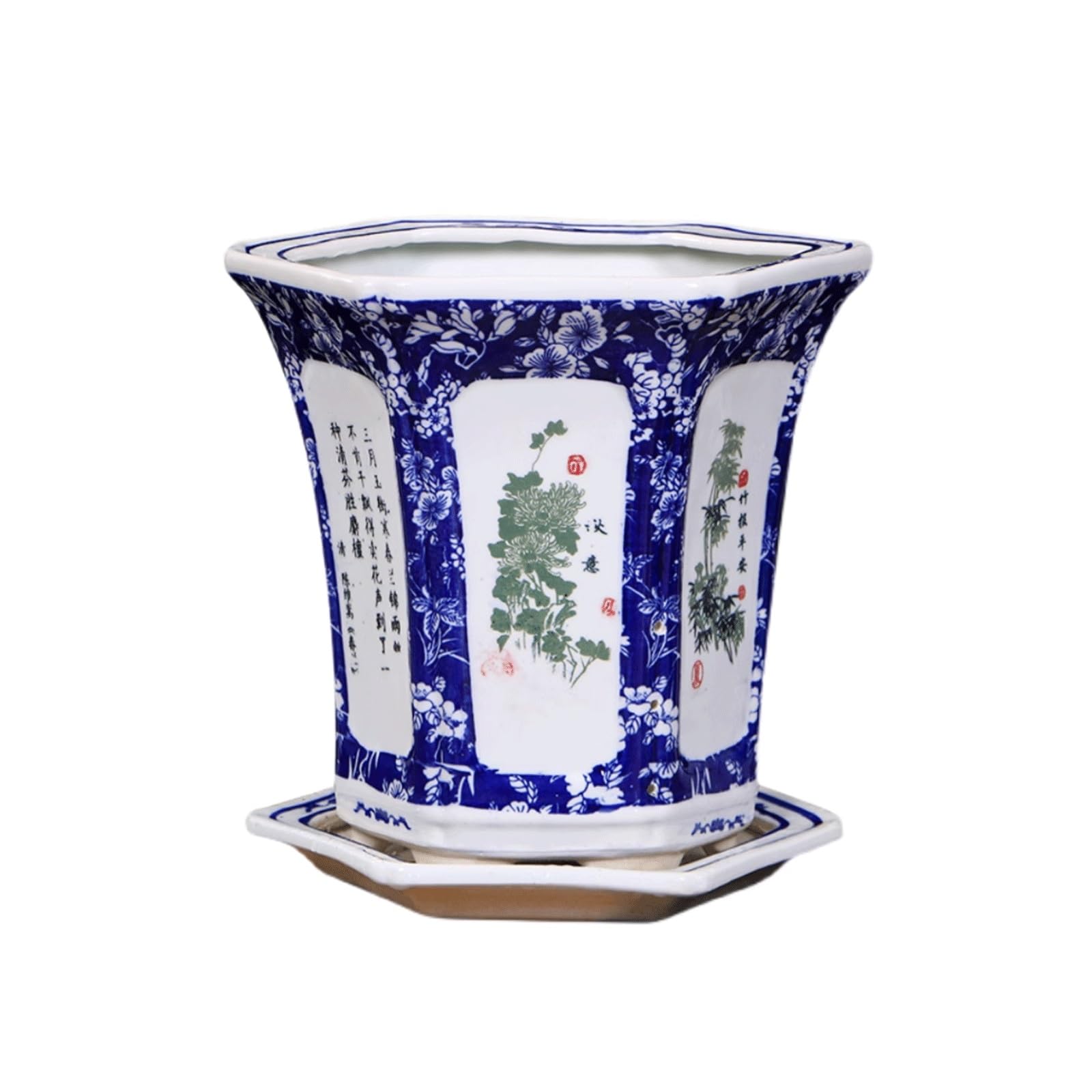 Dekoracyjna doniczka ceramiczna Jingdezhen, niebiesko-biała porcelanowa doniczka z otworem drenażowym i spodkiem, sześciokątna doniczka, glazurowana doniczka bonsai na storczyki, sukulenty, taras (21