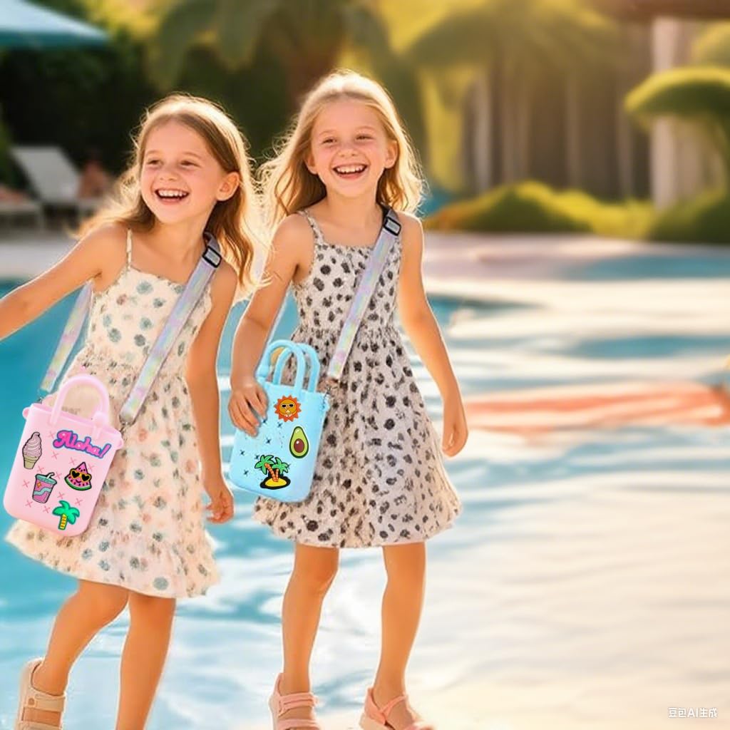 Mini Silicone Tote Bag, Rubber Beach Tote with Adjustable Strap &22 Cute Decorations for Little Girl & Woman - Image 3