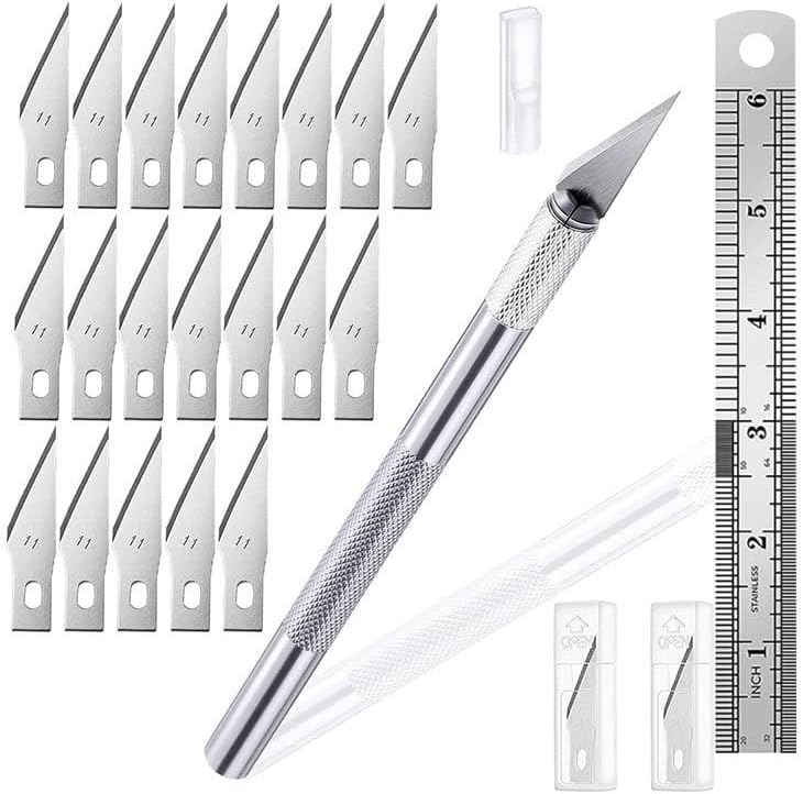 Precision Scalpel Set with 20 Replacement Blades, Non-Slip Handle, Ruler, Safety Cap, Craft Knife for Model Making and Crafts