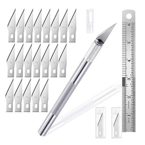 Präzisions-Skalpell Set mit 20 Ersatzklingen, Rutschfester Griff, Lineal, Sicherheitskappe, Bastelmesser für Modellbau und Handwerk