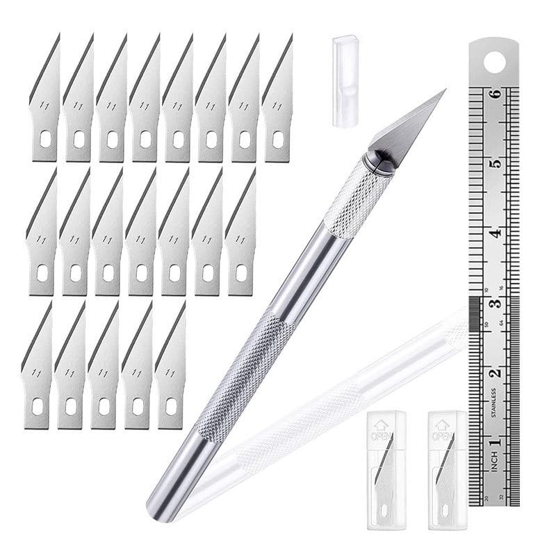 Precision Scalpel Set with 20 Replacement Blades, Non-Slip Handle, Ruler, Safety Cap, Craft Knife for Model Making and Crafts