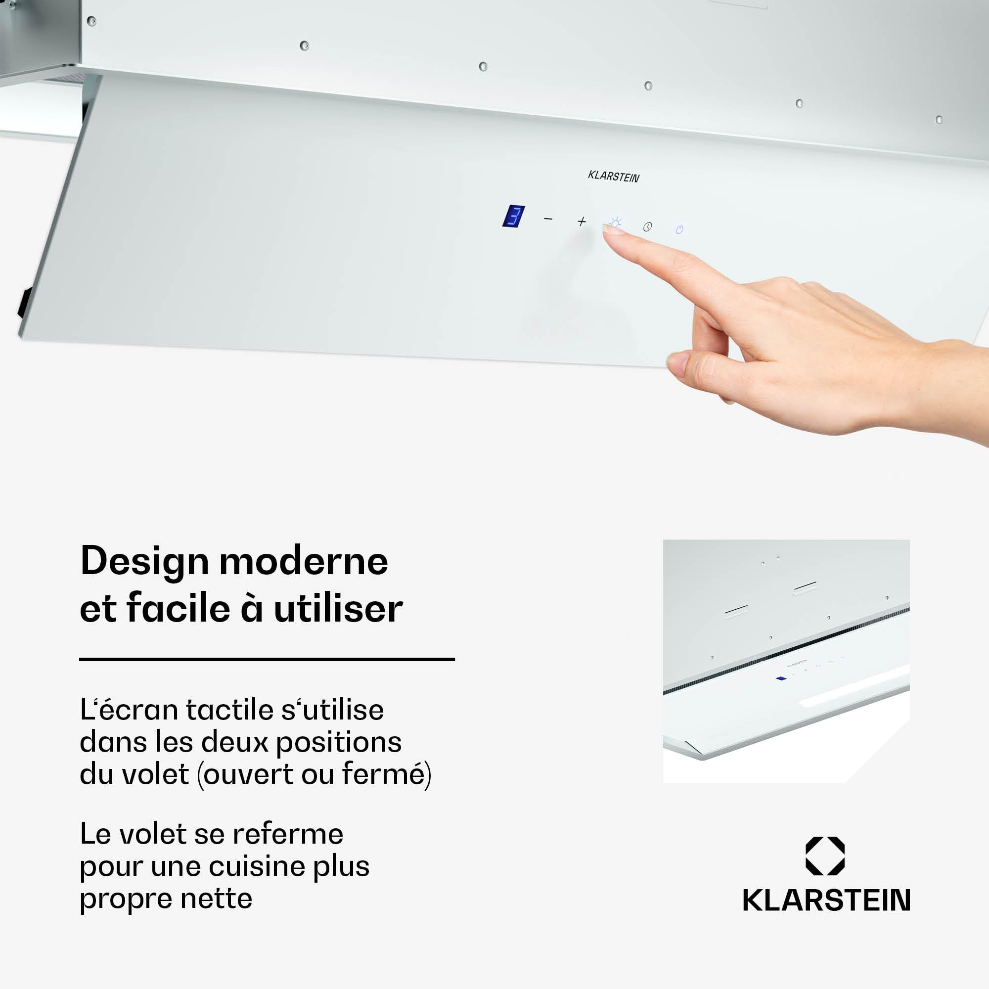 Klarstein Ventimate Hotte à Tiroir, 85cm Hotte Cuisine Aspirante avec Commande Tactile, 390 m³/h, Efficacité Énergétique A+, Moteur Silencieux, Éclairage LED, Filtre à Charbon, Blanc