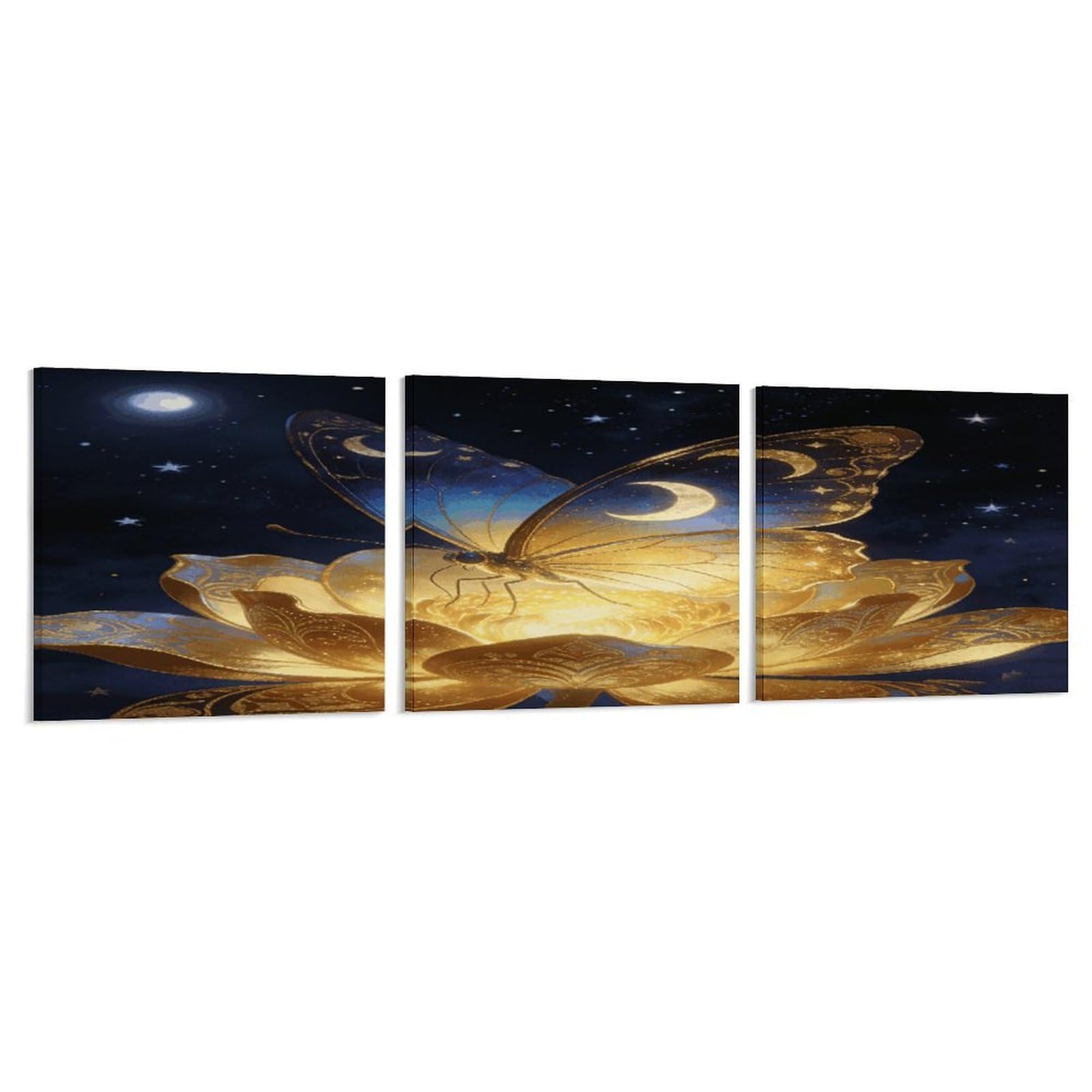 Khauerbc Style Set Of 3 Golden Retro Fantasy Starry Moon Butterfly Wall Art，Paintings Artwork For Living Room, Hallway, Bedroom, Office Wall Decor For Living Room, Hallway, Bedroom, Office Paintings Artwork 8X8 Inch