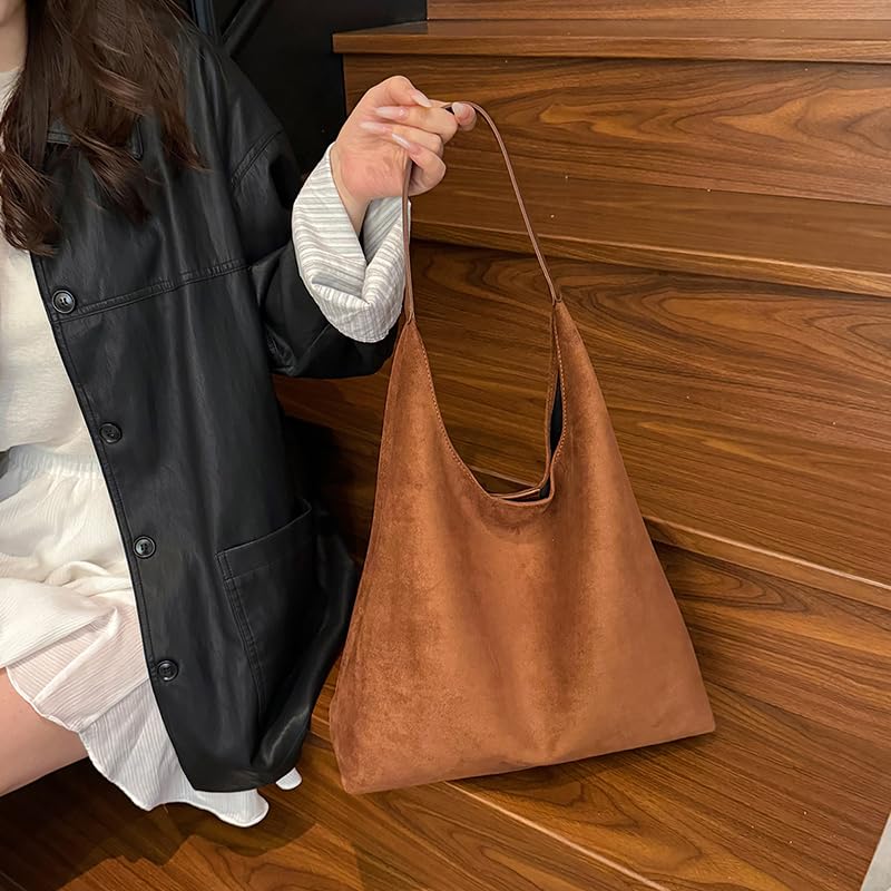 Faux Suede All-Match Shoulder Bag Trendy Tote Commute Handbag with Purse (Brown)2