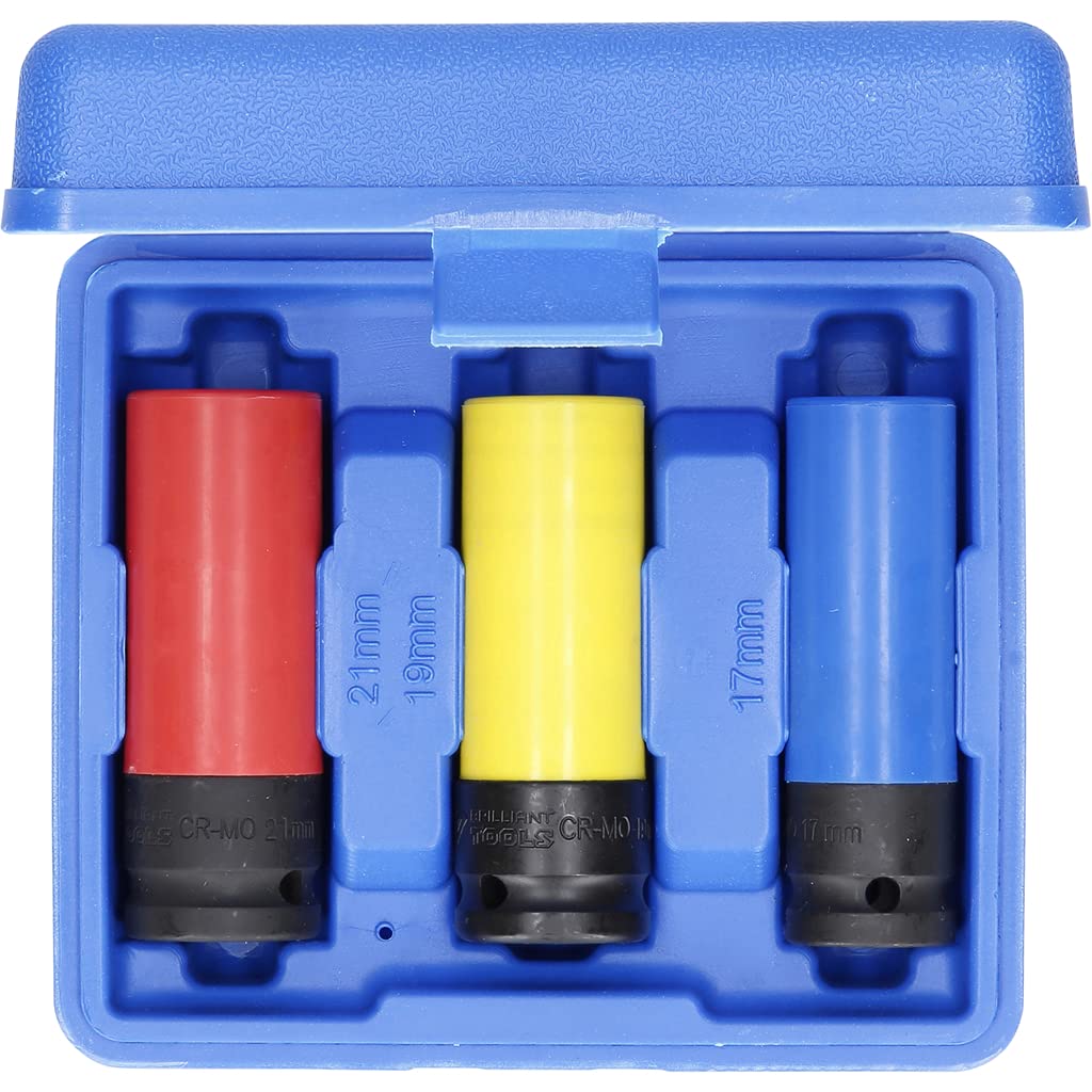 BRILLIANT TOOLS BT160100 Tournevis à percussion à air comprimé 1/2", 1 450 Nm [Powered by KS TOOLS] & BT691005 1/2" Set de douilles à chocs pour jantes aluminium, 17/19 / 21 mm, 3 pcs