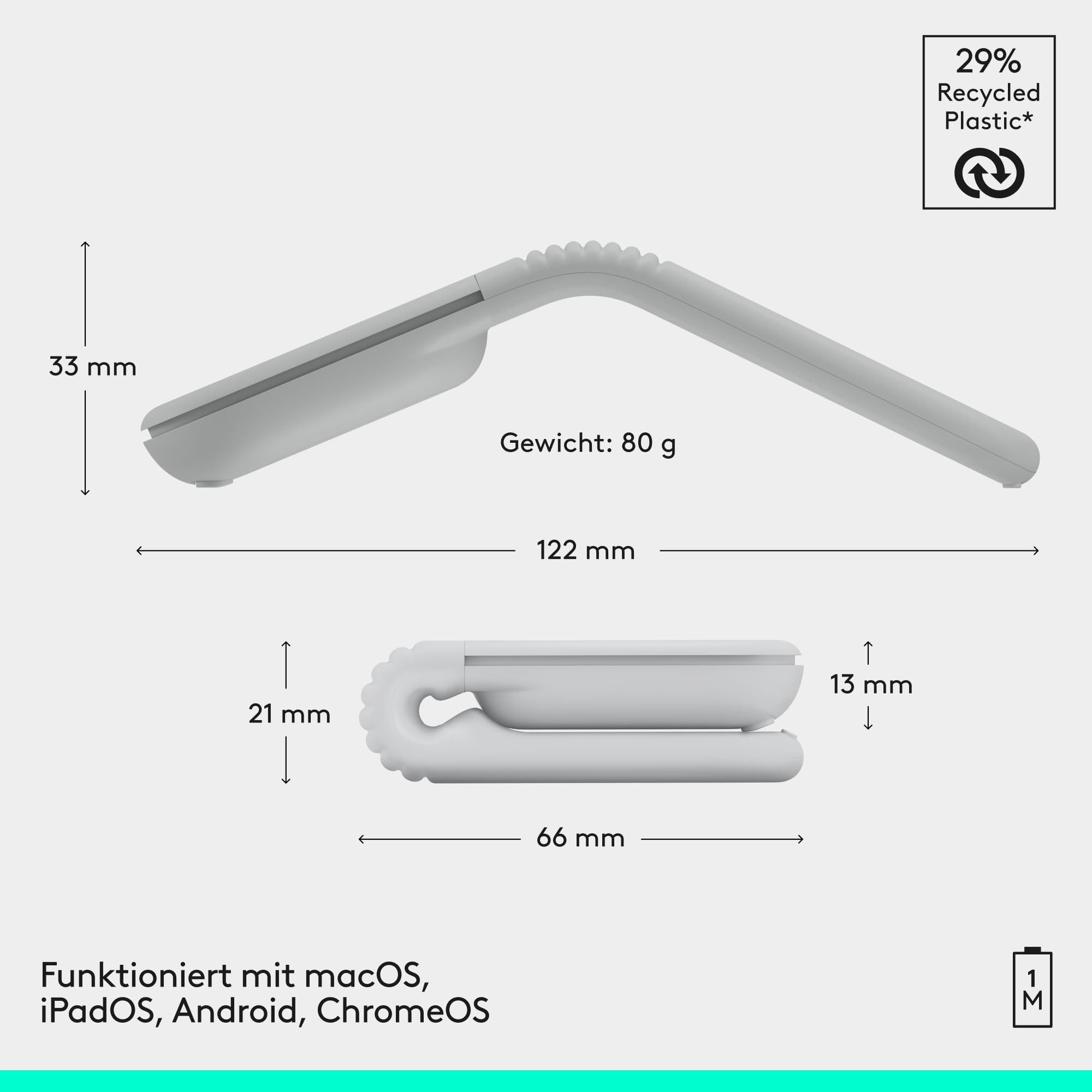 Logitech Mobi Fold, ultramobile Maus für unterwegs, klein und leicht, Touch-Scroll, leise Klicks, 4K DPI, Bluetooth, für Windows-PC, Mac, Chromebook, Android, iPad - Weiß