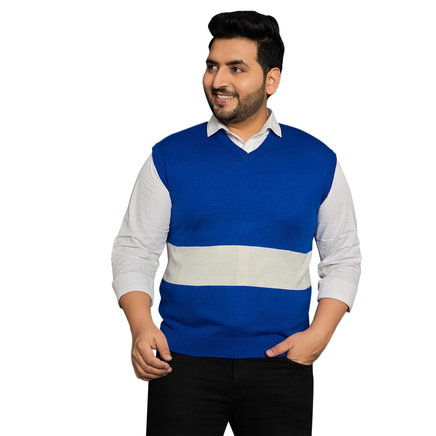 bigbanana Men Plus Size Colourblocked Blue Sweater(Konce,Blue,7XL)-picture-38
