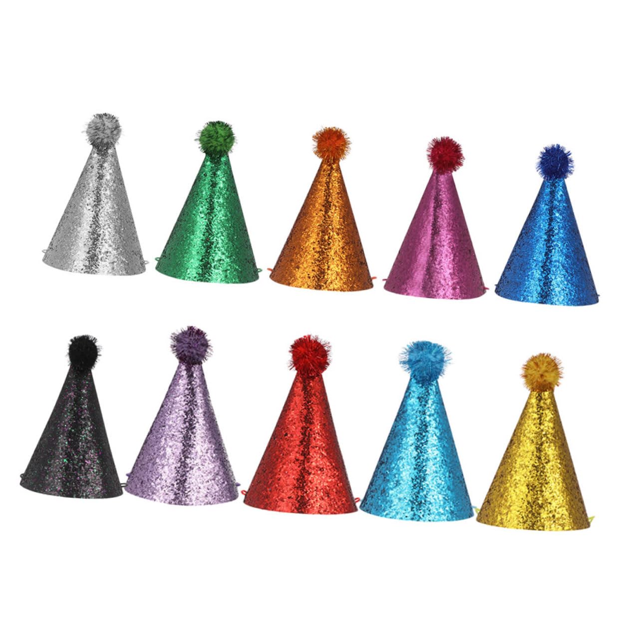 BESTonZON 10 Stück Wiederverwendbare Glitzernde Geburtstagsparty Kegelhüte aus Polyester für Kinder mit Buntem Design und Kindgerechter Passform für Babypartys und Festliche Zufälliger Stil