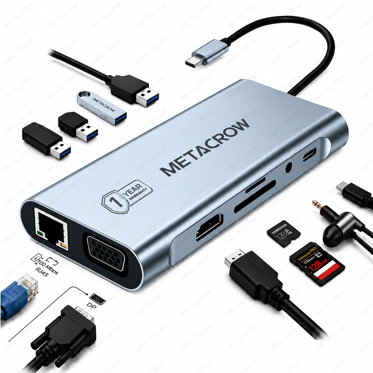 original 11-in-1 usb c hub adapter for macbook, laptop & pc, type c docking station with 4k hdmi, vga, usb 3.0, gigabit ethernet, sd/tf card reader, audio & 100w pd - 1 year warranty