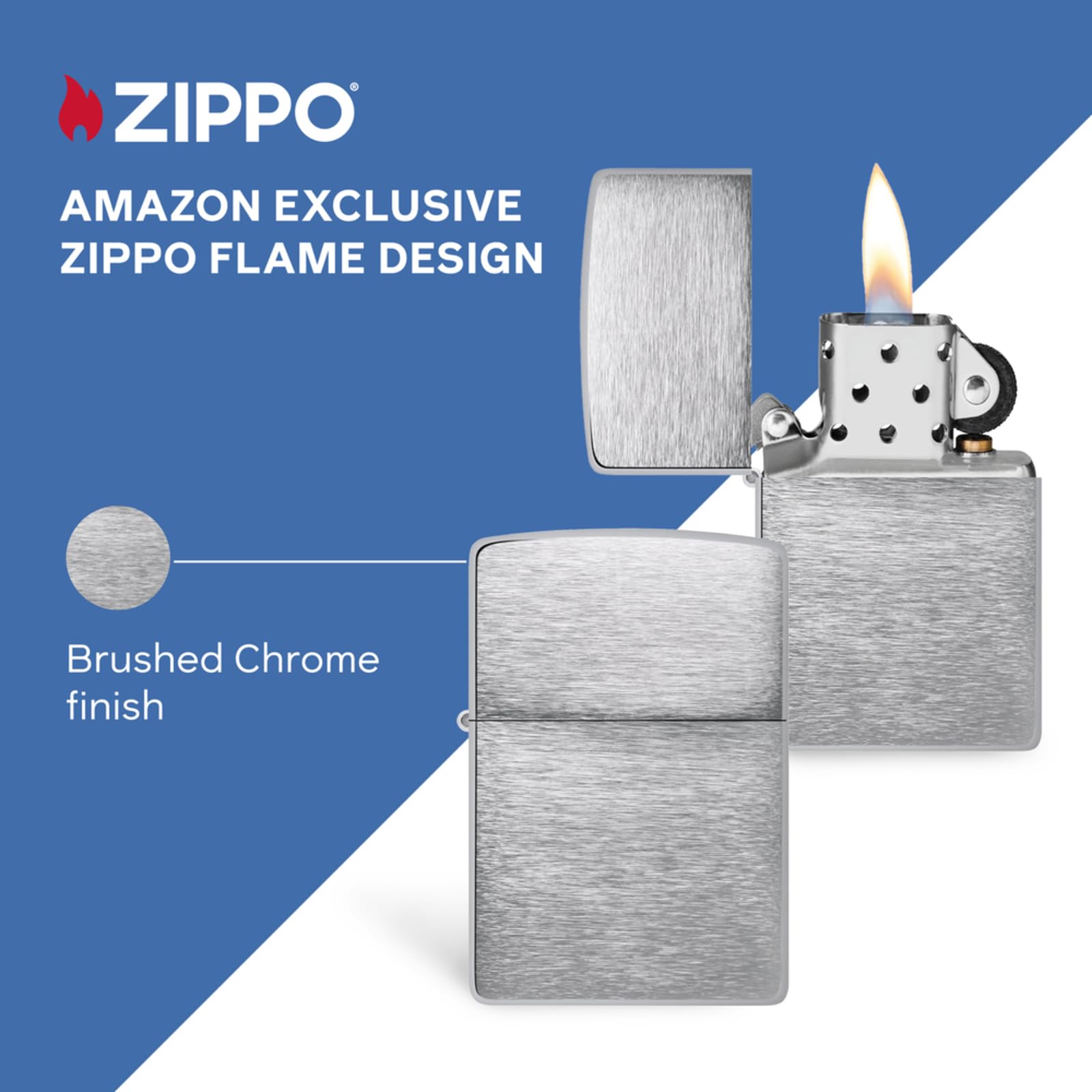 Zippo Accendino antivento – Design fiamma – Cromo spazzolato – Ricaricabile – Riutilizzabile – Antivento – Confezione regalo – Metallo – Made in USA