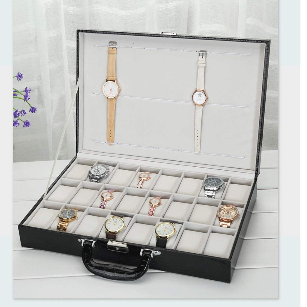 24 Uhrenbox, großes Uhrengehäuse, Glasplatte, schwarzer Display-Organizer, Kunstleder Present