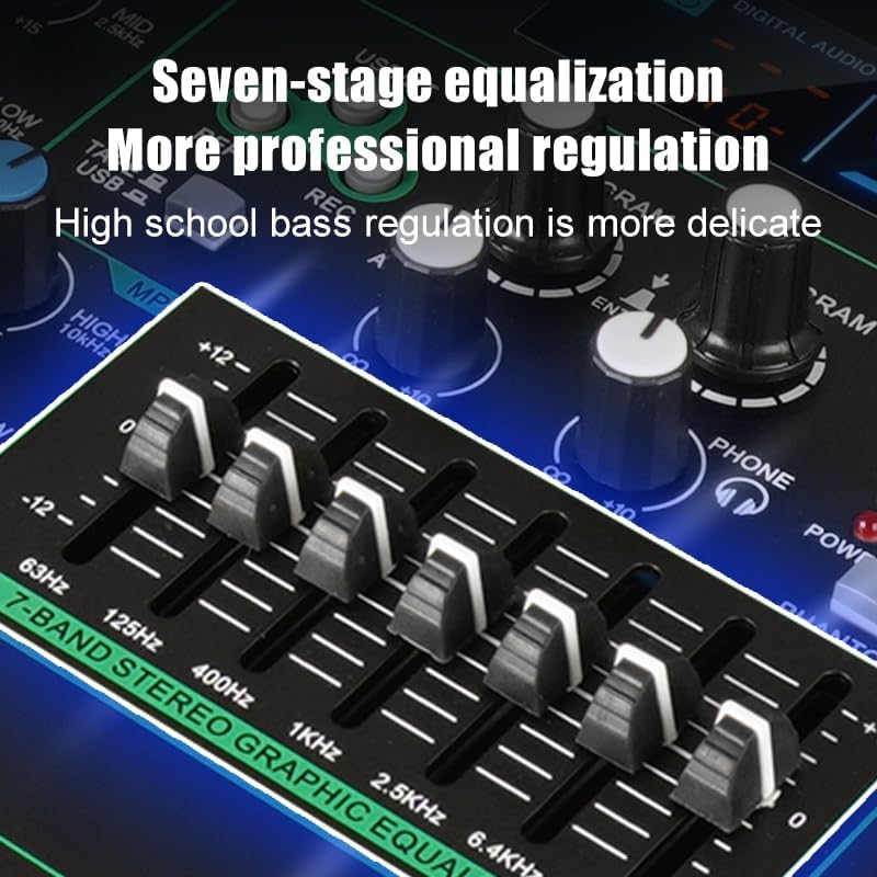 Close-up of the mixer's 7-band stereo graphic equalizer