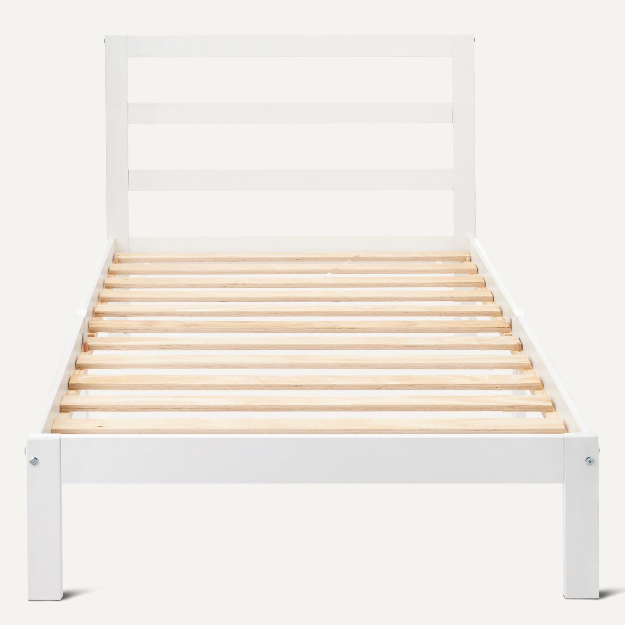 Amazon Basics Einzelbettgestell 90cm x 200cm mit Kopfteil, Bettrahmen mit Lattenrost, Massives Kiefernholz, Weiß