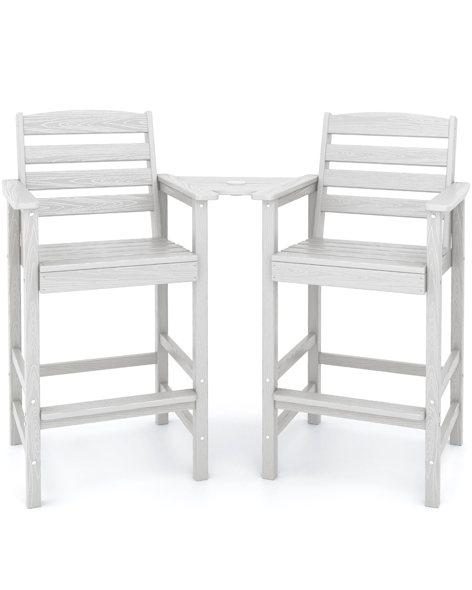 SERWALL Tall Adirondack Chairs Set of 2 with Connecting Table, Balcony Adirondack Chairs Set, Outdoor Bar Height Barstools Chair Set for Bistro, Poolside, Garden, White