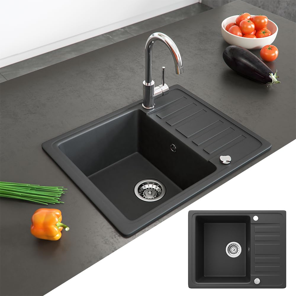 Bergström Évier, Noir, 57.5x46cm avec emplacement de séchage, convient aux meubles bas à partir de 60 cm, installation réversible