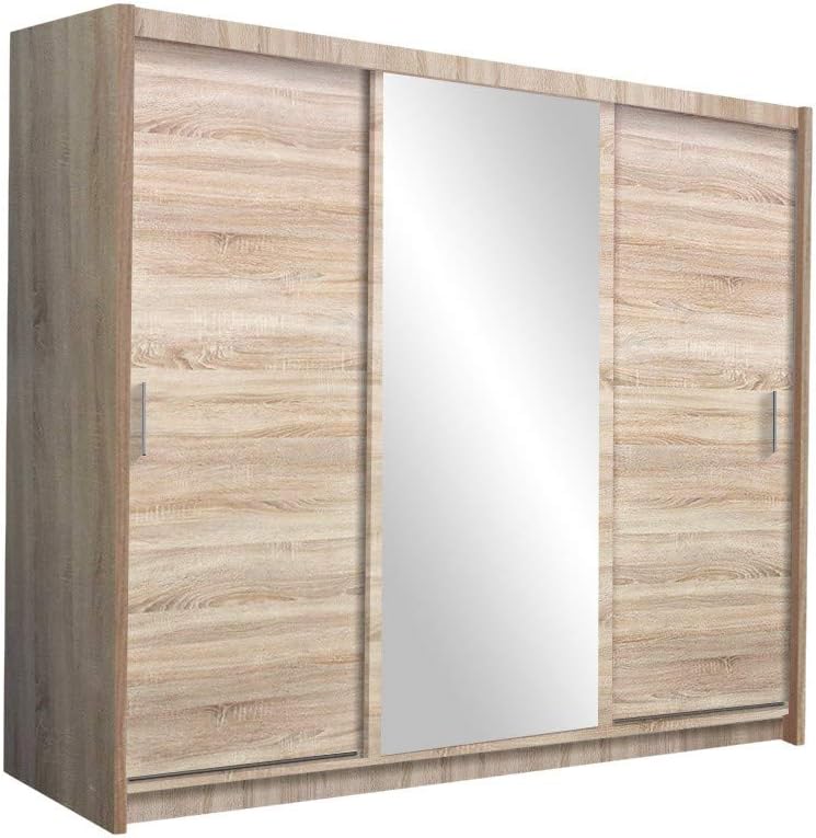 Kleiderschrank MONAKO Schlafzimmer 3 Türiger Schwebetürenschrank Schrank mit 2 Kleiderstangen 8 Einlegeboden Spiegel und 2 Schubladen Schiebetür…