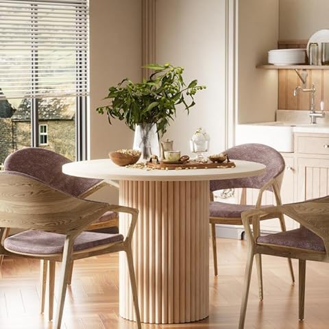 PAKASEPT Round Dining Room Table, 39.5" Circular Tabletop, Modern Kitchen Table with Solid Wood Strip Base Pedestal Base, Leisure Coffee Table for 4 People, for Kitchen Dining Room Cover
