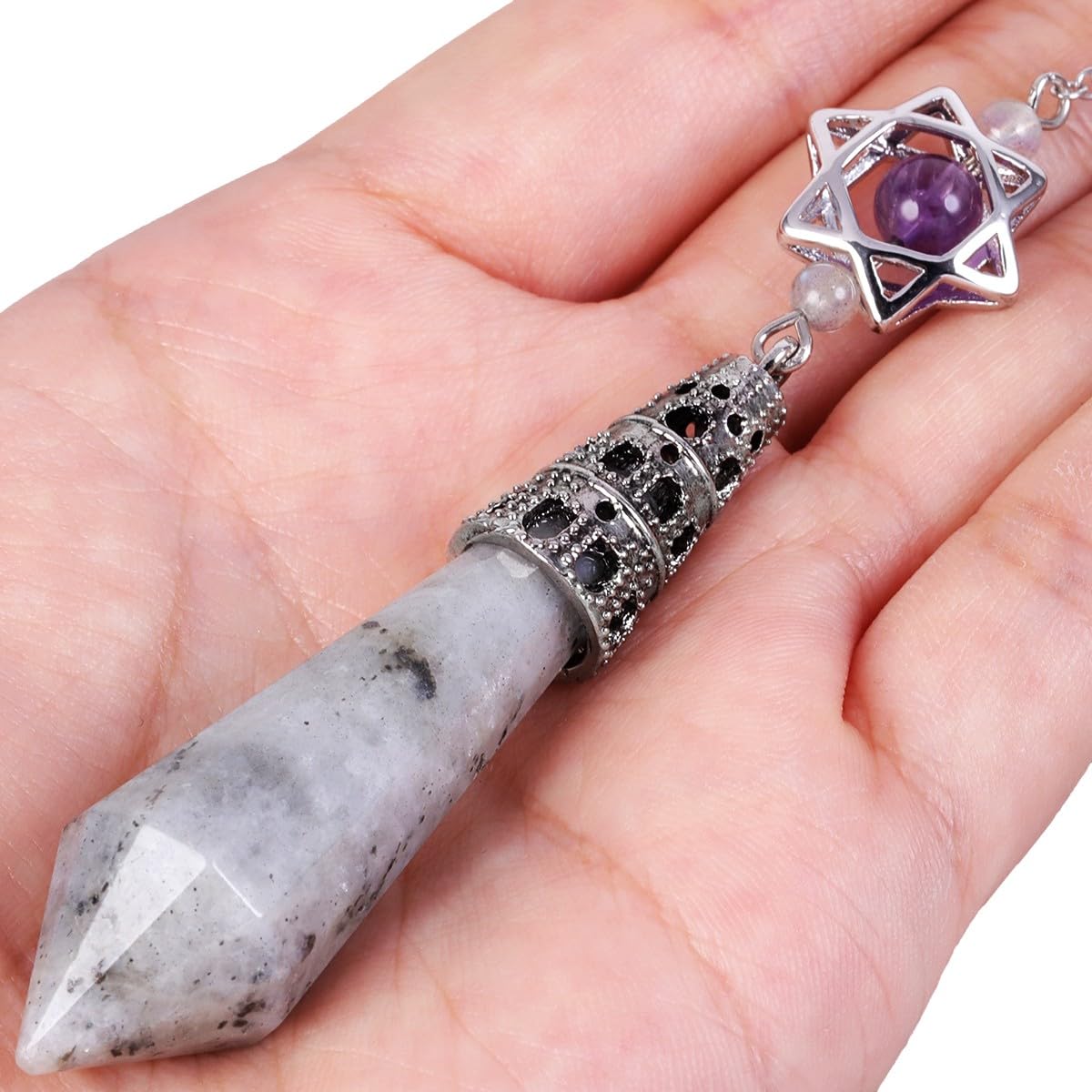 mookaitedecor Natural Labradorite Crystal Divination Dowsing Pendulum Faceted Crystal Point Pendulum with Merkaba Star Dream Catcher Reiki Healing Crystal Witchcraft Wiccan Supplies Decor Gift - Image 2