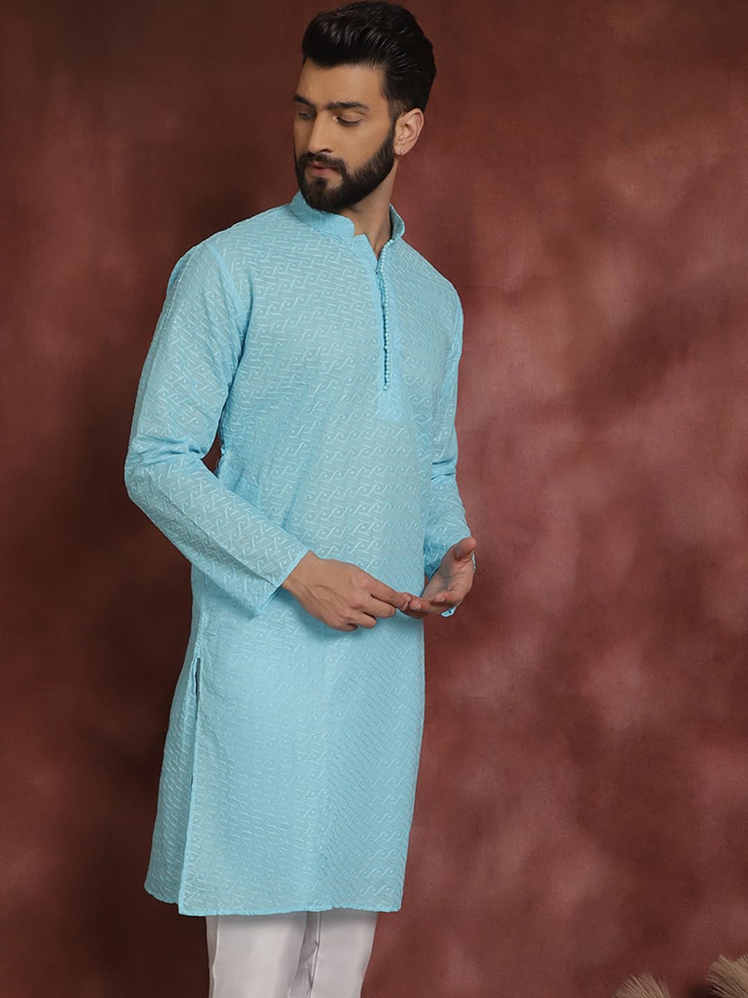 Sojanya (Since 1958 Ethnic Motifs Embroidered Thread Work Pure Cotton Sky Blue Straight Only Kurta