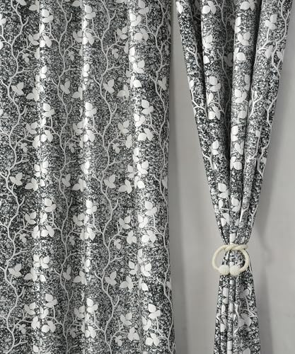 Image of Homefab India 2 Piece Polyester Printed Curtains Room Darkening Panel - Window 5 feet, Petals Black Curtain