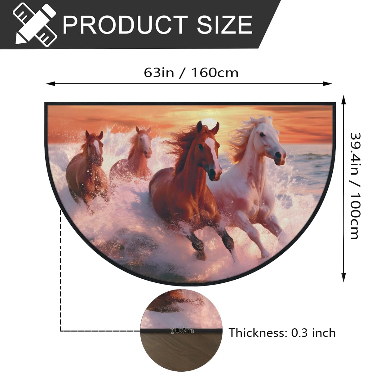 Mexpekil Paillasson demi-rond antidérapant lavable en demi-lune - Motif cheval - Coucher de soleil - Pour intérieur et extérieur - 100 x 160 cm