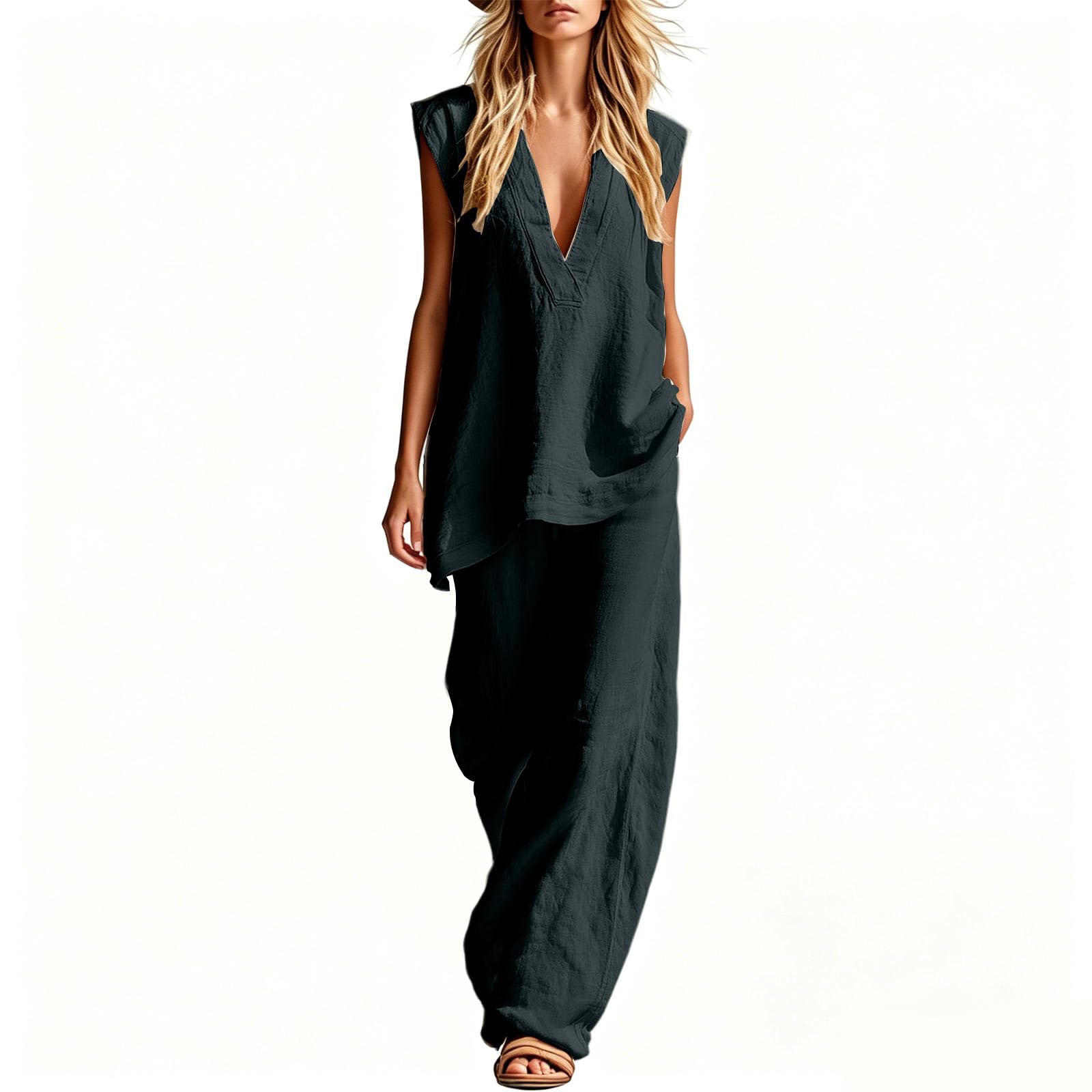 Ybing Leinenanzug Damen Sommer Zweiteiler Set Tiefer V-Ausschnitt Ärmellose Tank Tops und Weit Hosen 2 Teiler Leinen Trainingsanzug Elegant Musselin Outfits Jogginganzug Leichte Luftig Hosenanzug