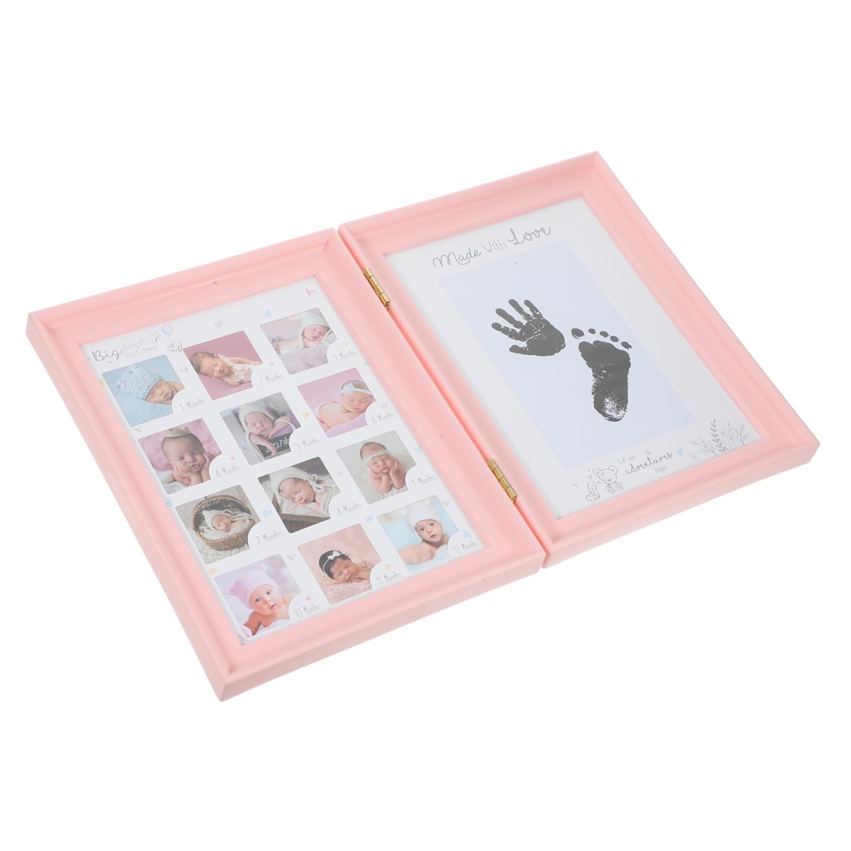 Cornice Ricordo Crescita Bebè Rosa, Doppia Apertura, Kit Impronte Mani e Piedi, in Plastica Pvc e Cartone, Regalo Nascita e Compleanno