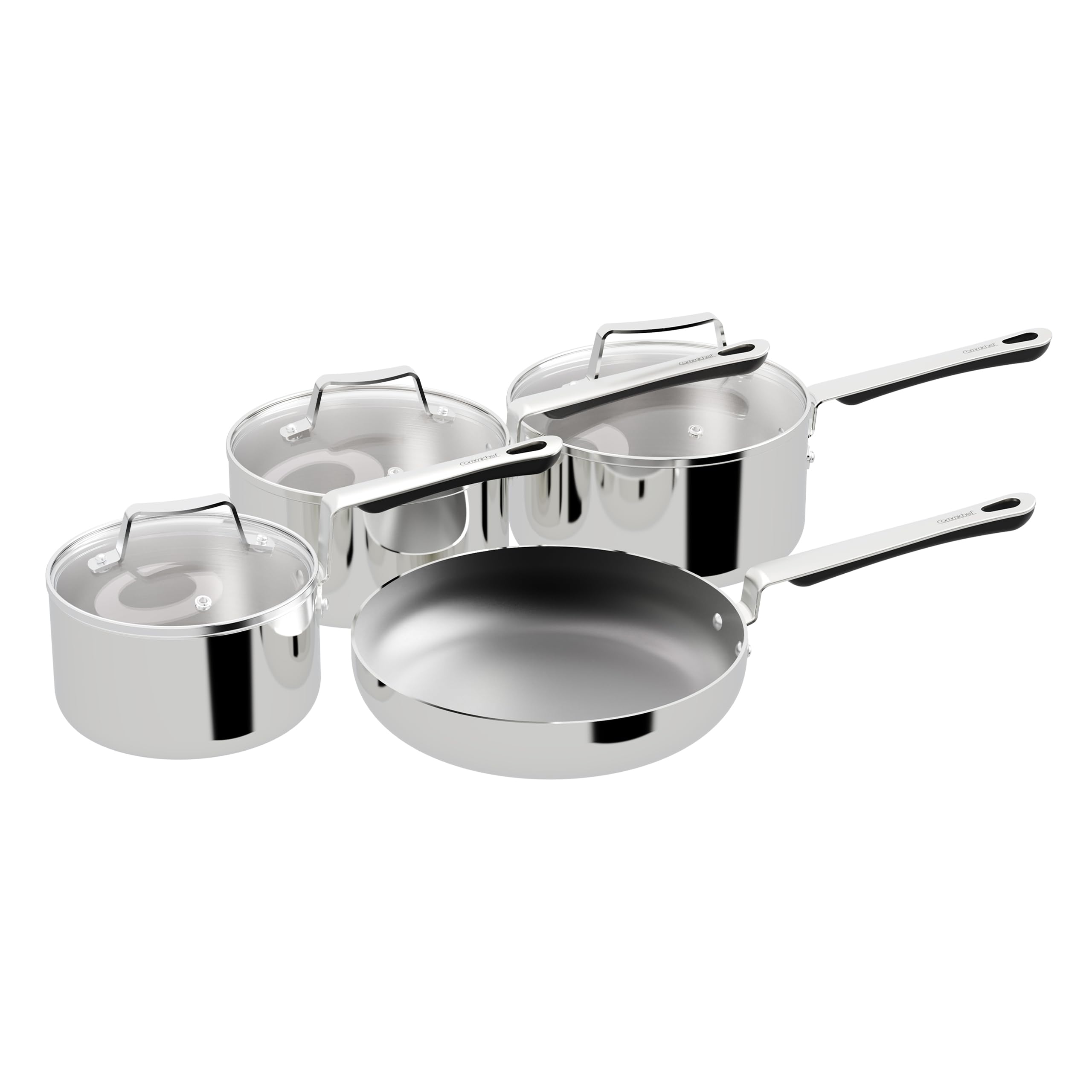 5-teiliges Kochgeschirrset aus dreilagigem Edelstahl, inklusive 14 cm, 16 cm, 18 cm, 20 cm Töpfen mit Deckel und 24 cm Bratpfanne, stapelbar