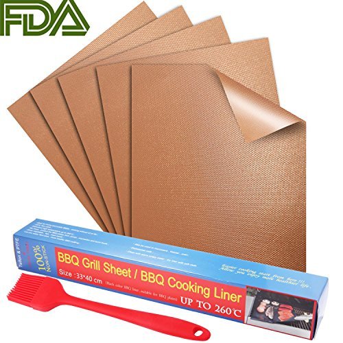 BBQ Grill Mat, PEMOTech 5 Pack 15.75 x 13 inch Gold Grill Mats, PFOA