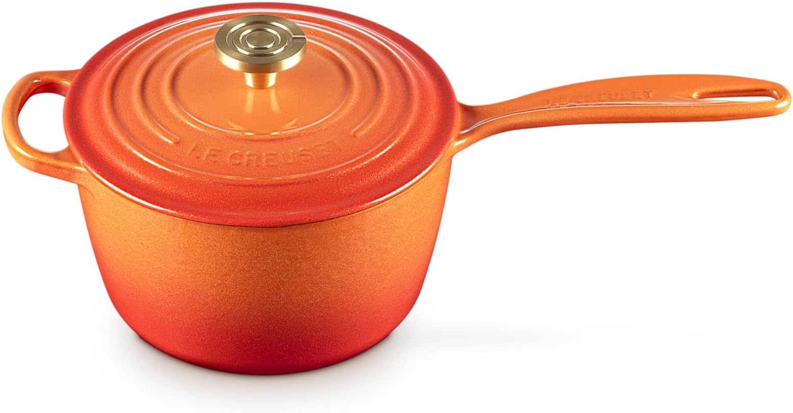 Enameled Cast Iron Signature Round Saucepan, 2.25 qt., Flamme Doree with Crucible Knob