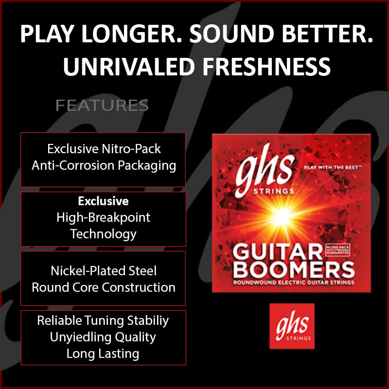 Image of GHS Strings, GBCL Boomers, Nickel Plated Steel Electric Guitar Strings, Legendary Strength, Consistent Intonation, Unrivaled Sustain, Long Lasting Brightness & Tone - (CLT) Custom Light Gauge 9-46