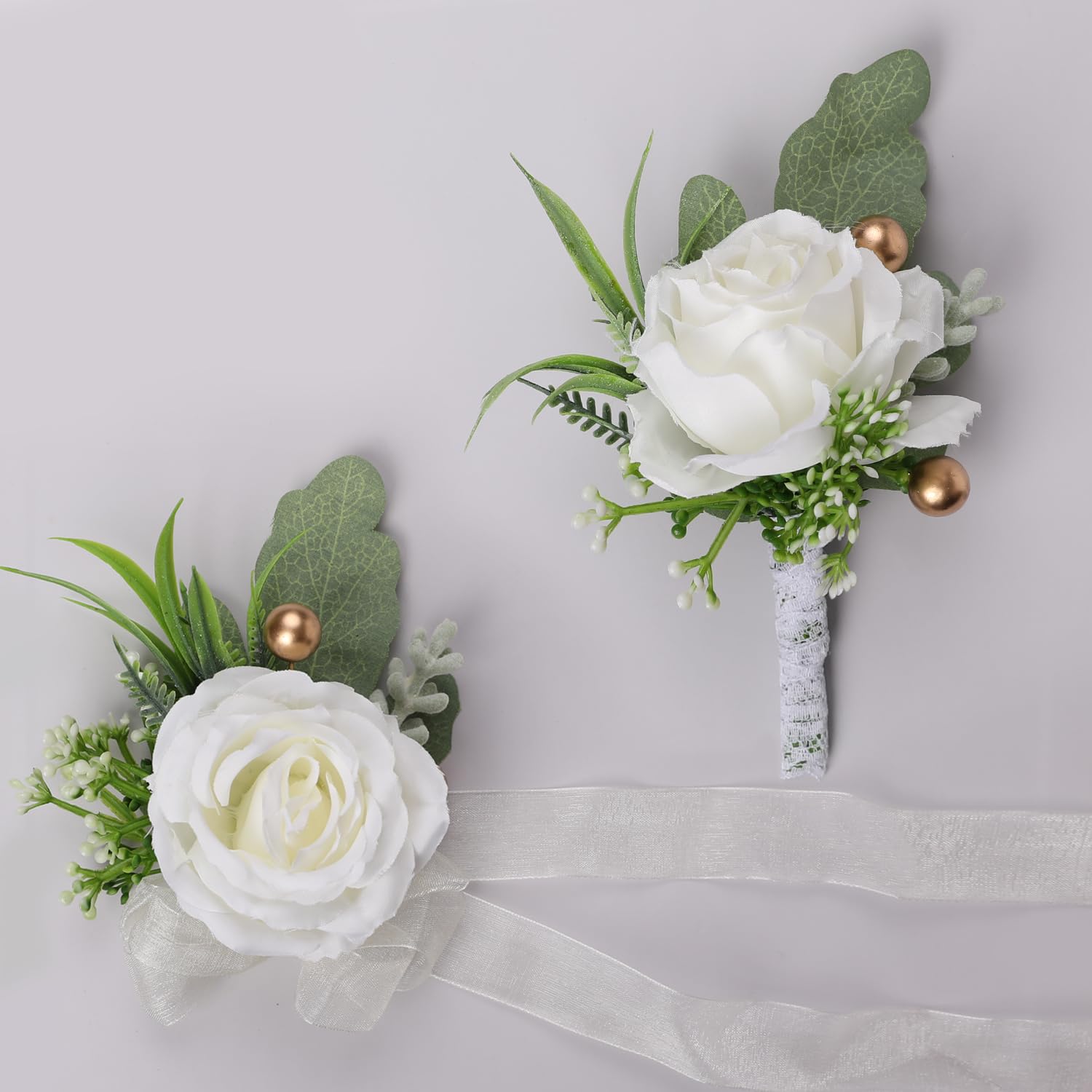 Yerpkefey Wrist Corsage and Boutonniere Set,Handmade Corsage Wristlet Band Boutonniere for Men Wedding Bride Wristband Artificial Flower Corsage Flowers Prom Party Suit Decoration (White4)