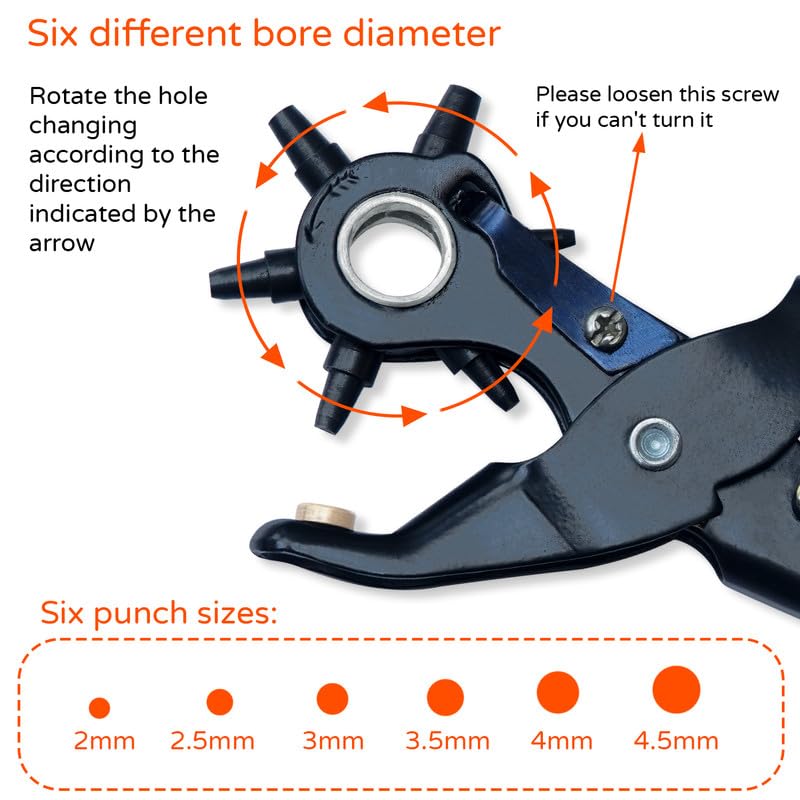 Image of Heavy Duty Rotary Leather Hole Punch Tool - Revolving Punch Plier for Belts, Watch Straps, Bags, Dog Collars, Fabric, and Saddles - 6 Hole Sizes (2-4.5mm) - Ergonomic Grip