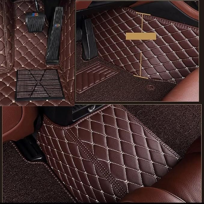 Image of Premium 7D Car Floor Mat Full Set for MG M9-7 Seater (All 3 Rows)|| Luxury Leather with Grass Mat Complete Set || 100% Waterproof and Washable || Color : (Coffee)