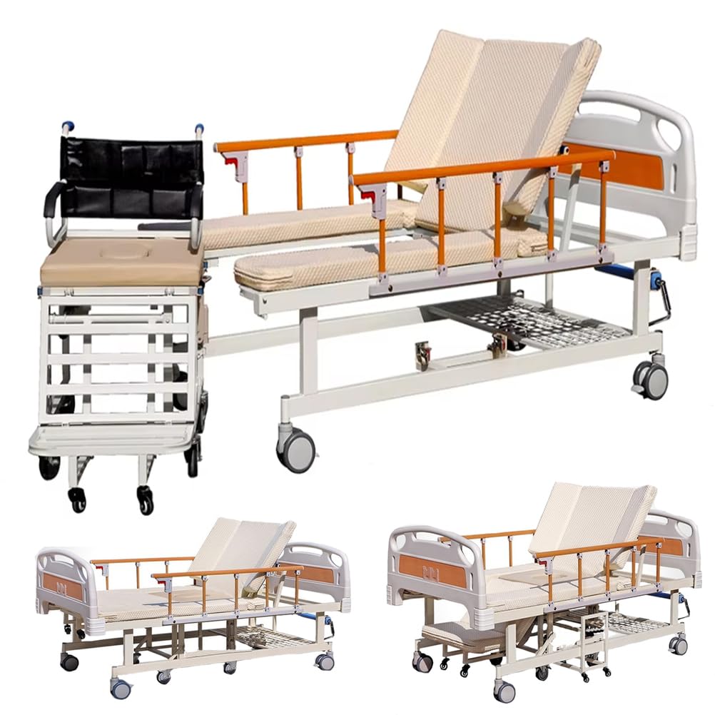 Premium 10 Functions Manual Medical Bed for Home use, Hospital Bed with Wheelchairs with Mattress,Quiet Wheels, Up To 440 LBS (205x96x56cm)