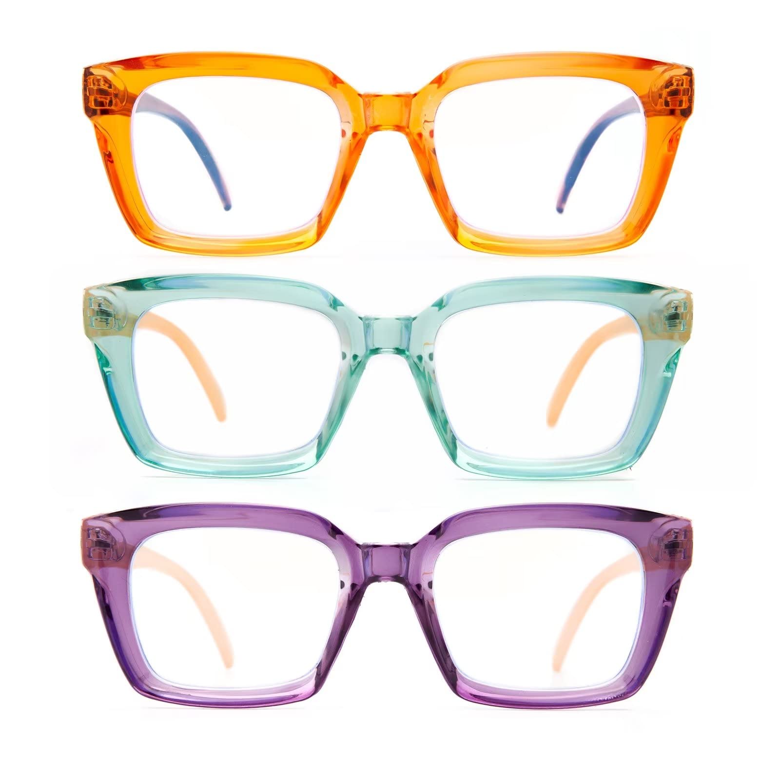 Amorays 3 Pacco Occhiali da Lettura Oversize Square Frame Vintage con Anti Luce Blu Lenti Cerniera a Molla Occhiali Presbiopia Lettori per Donna Uomo 6561NEW(3P,+2.0)