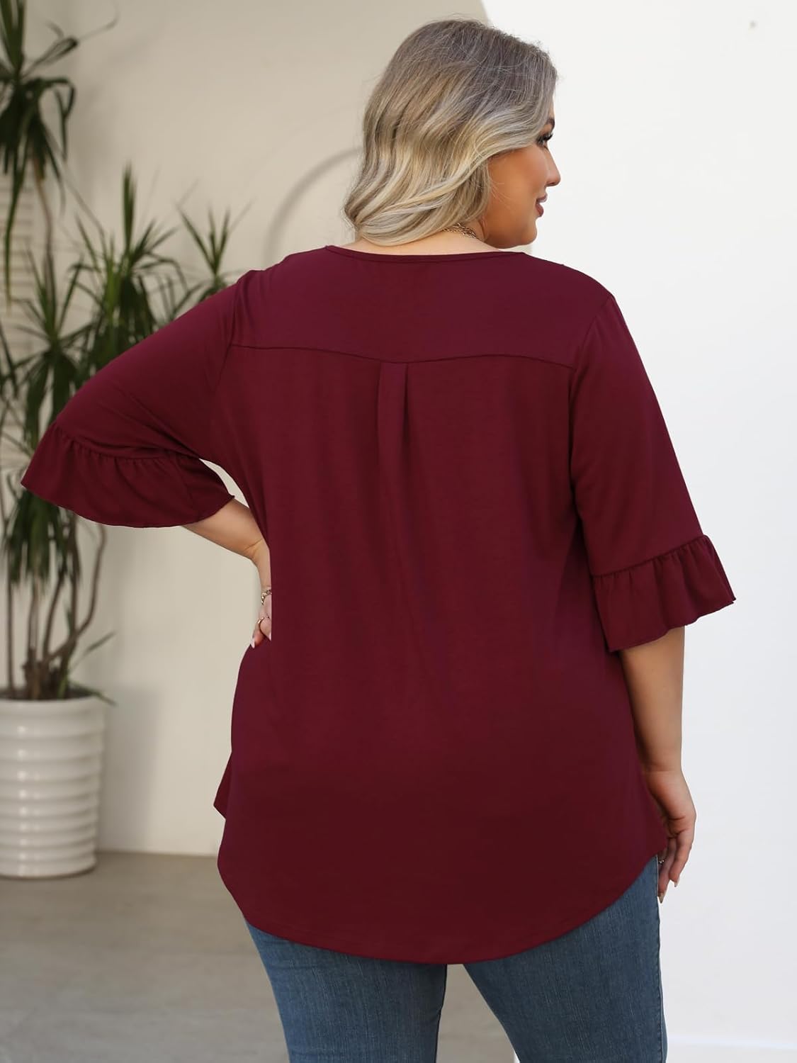 Womens Plus Size Tops Dressy Casual Blouses 3/4 Bell Sleeve V Neck Ruffle Business Summer Trendy Work Shirts 2025 - Image 3