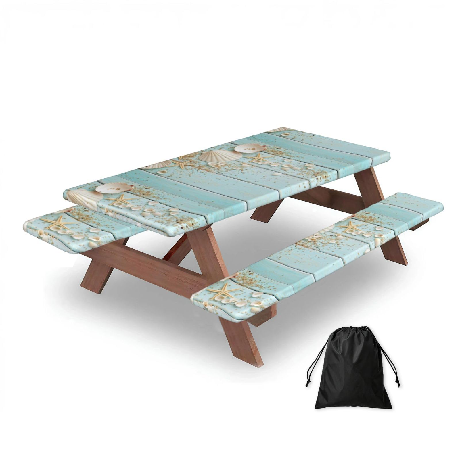 Dopklna As Picture Beach Shell Sea Starfish, Picnic Table Cover With Bench Covers -Waterproof Elastic Fitted Tablecloth For Garden Camping Patio 76X152cm