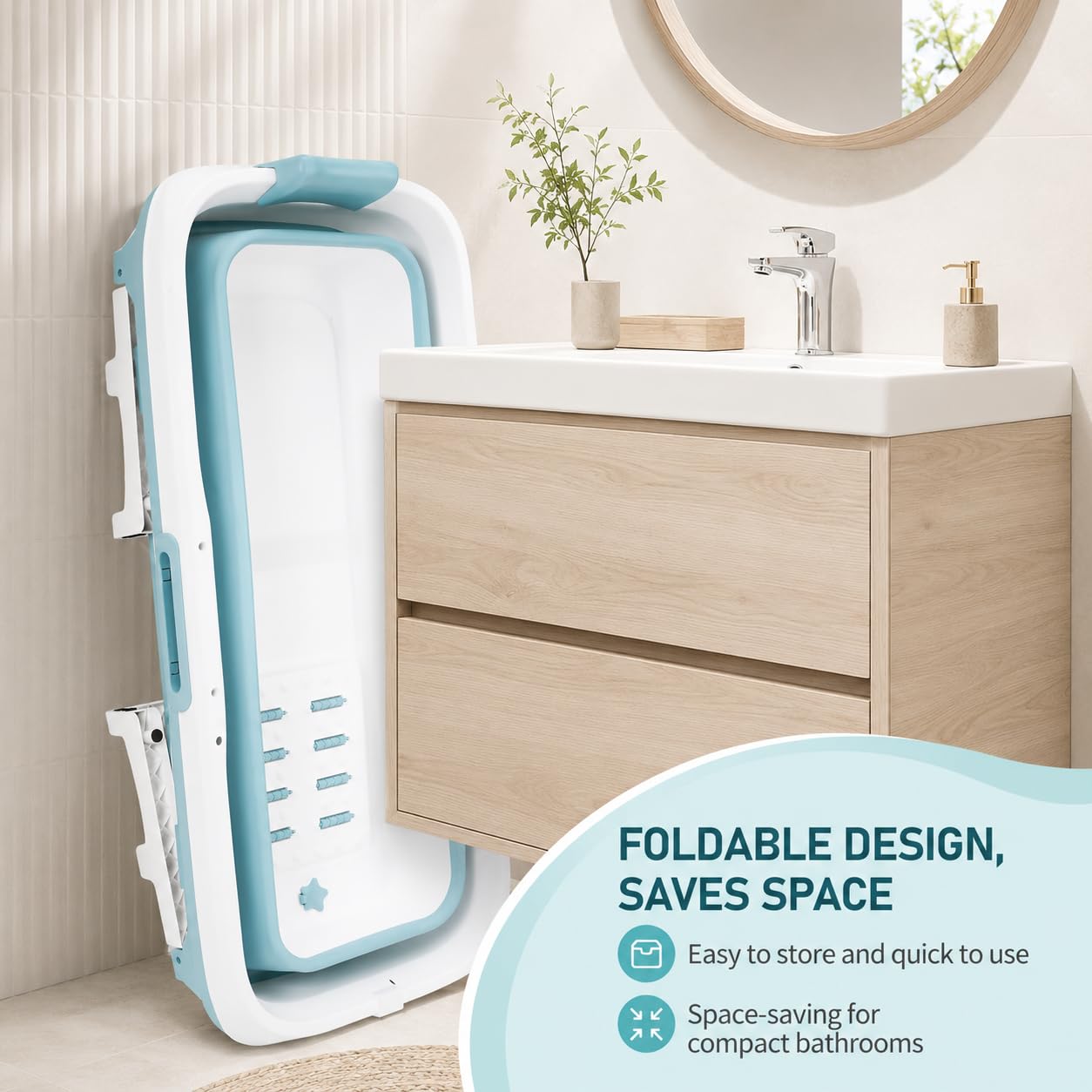 Vasca da bagno portatile pieghevole per adulti, 149 x 60 x 50 cm, con copertura, rulli massaggianti e cestino per sapone, blu, per bagno e doccia