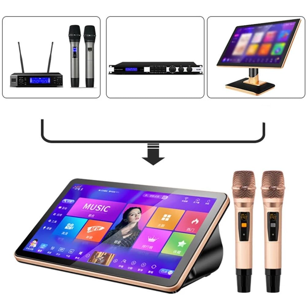 Sistema de karaoke con pantalla táctil, micrófono inalámbrico, control de voz AI y soporte multilingüe para entretenimiento en casa y fiestas