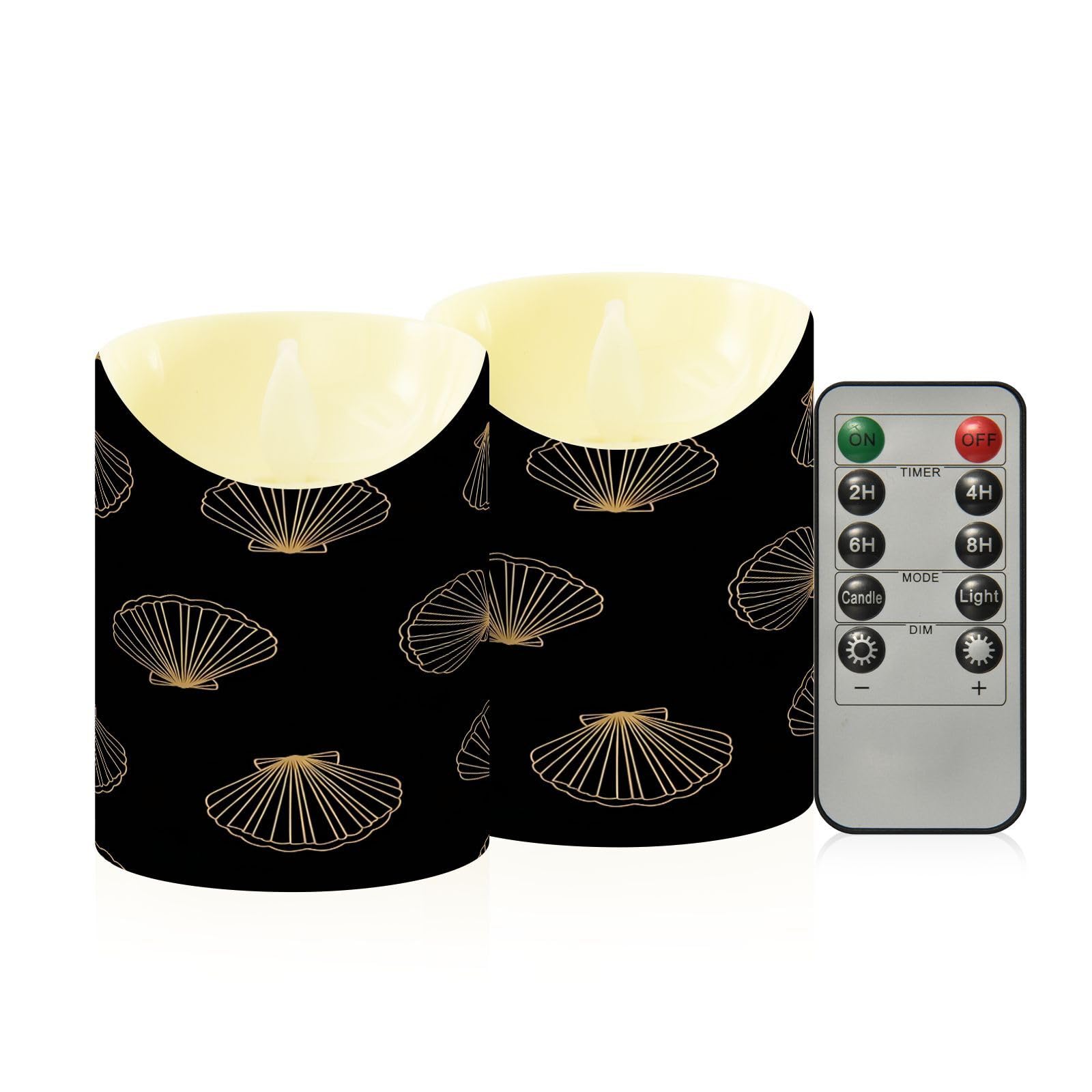 Cgiub Gold Seashell Black Flameless Candles with Timer 2pcs Battery Operated Flickering Flameless LED Pillar Candles for Holiday Home Wedding Fireplace Decor