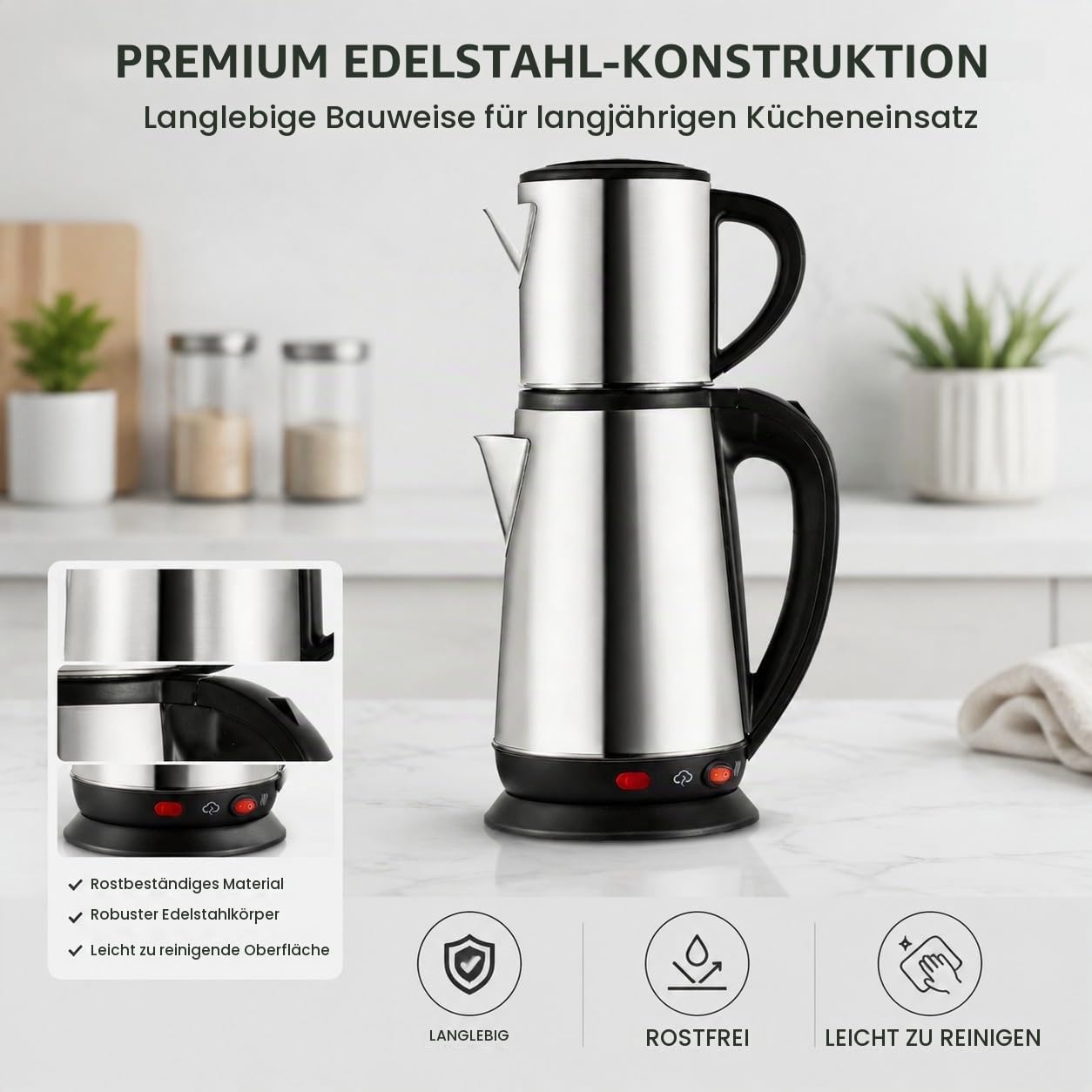 Türkischer Teekocher Elektrisch Edelstahl, Caydanlik 1L + 2L Teekanne, Wasserkocher mit Teekanne für Türkischen Tee Kräutertee und Samowar