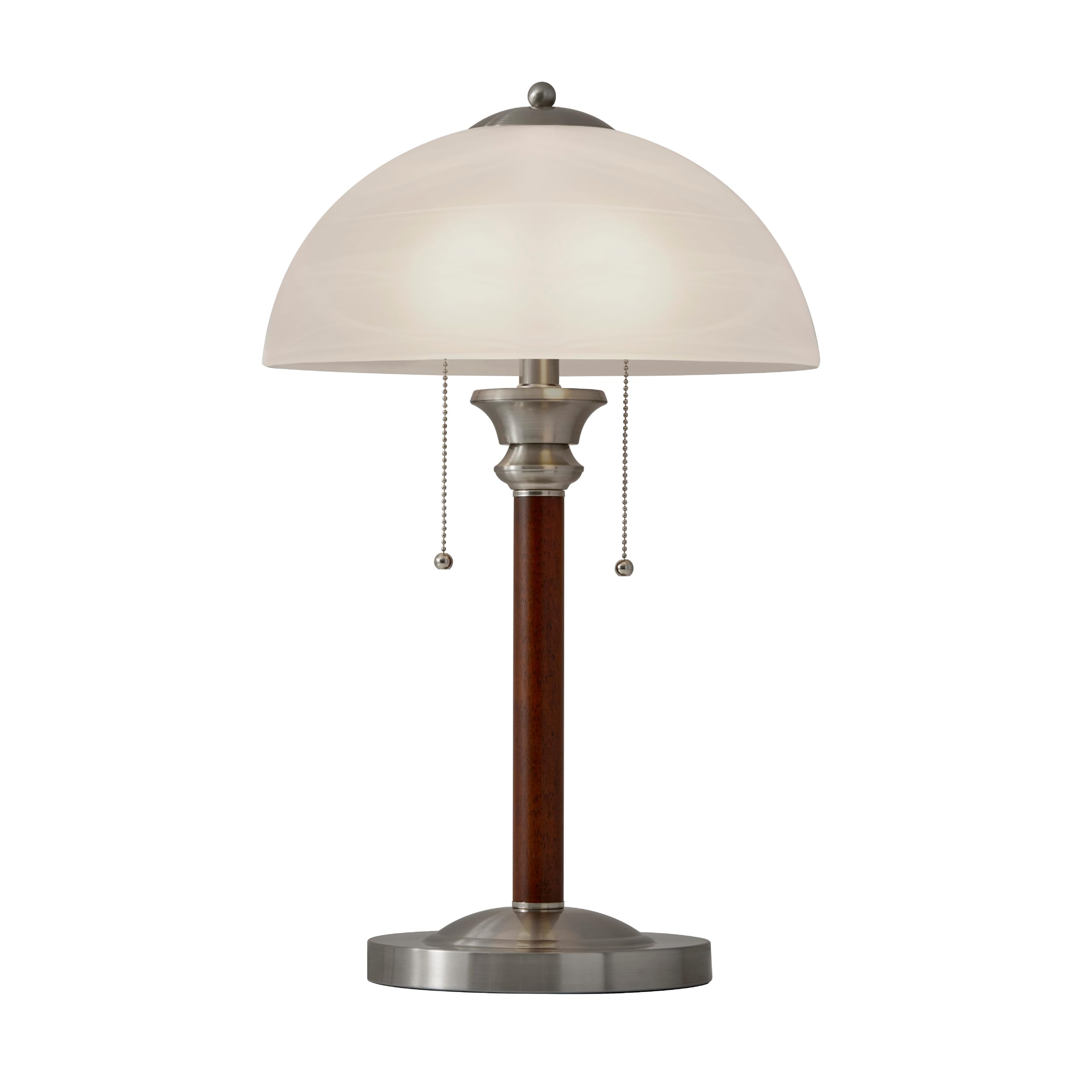 Table Lamp with Dual Pull Chains, Walnut Rubberwood Finish, Frosted Glass Shade – Bedside Table, Home Office Lighting, or Living Room Decor, 22.5” x 13.5”
