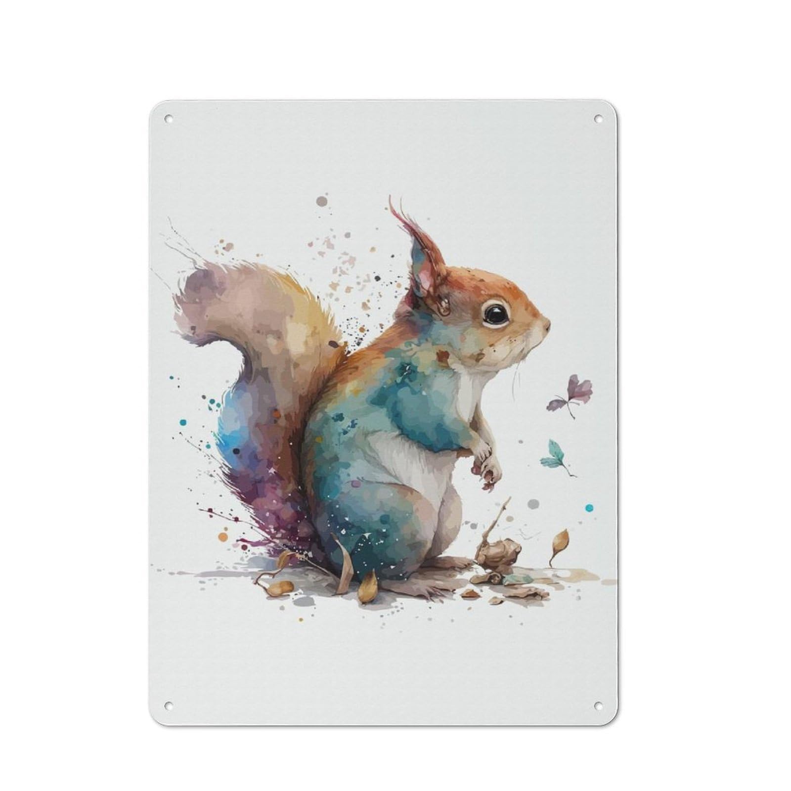 Squirrel in Watercolor Country Vintage Metal Wall Decor 40x30cm, Country Metal Sign for Kitchen, Cottage, Porch Or Garden Room